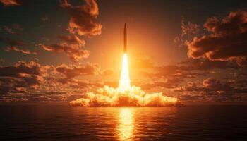 The Launch of a Stunning Rocket at Sunset, Gliding Gracefully Over the Deep Blue Water photo