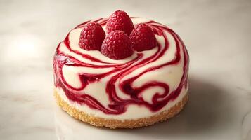 A raspberry cheesecake with white and red swirls photo