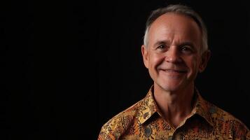 Portrait of a smiling mature man in a patterned shirt, exuding positivity and warmth against a dark backdrop. Perfect for themes of happiness, confidence, and friendliness. photo