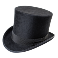 A black top hat, slightly tilted, with a smooth finish and subtle texture, emphasizing its timeless, formal style and sophistication png