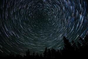 Stars create beautiful trails in the night sky above a dark forest, showcasing the rotation of the Earth while illuminating the serene landscape. photo