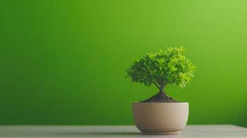 Bonsai Tree on Table in Minimalist Setting with Green Screen Background, Projecting Nature in Indoor Space, Concept of Peace and Tranquility, Suitable for Zen Garden and Eco-friendly Themes photo