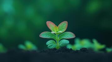 Young Green Plant Emerging from Rich Soil Against a Blurred Green Background, Symbolizing Growth, Renewal, and Environmental Themes in Nature Photography photo