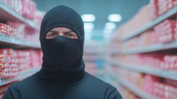 Person wearing a black balaclava standing in a store aisle, Suspenseful and dramatic scene with blurred shelves in the background, Crime and mystery concept for design and print photo