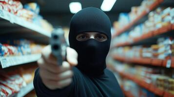 Person in a black balaclava pointing a gun inside a store aisle, Tense and dramatic scene with blurred shelves in the background, Crime and danger concept photo
