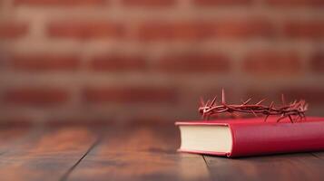 Bible and Crown of Thorns on Wooden Table Against Brick Wall in Rustic Setting, Epitome of Faith, Suffering, and Redemption, Captured in 16-9 Aspect Ratio with Raw Style for Spiritual Themes photo