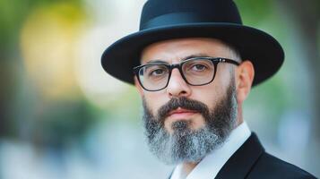 Portrait of a middle-aged man with a gray beard, wearing glasses and a black hat, captured outdoors with a blurred natural background. photo