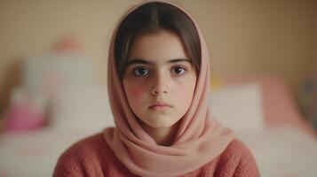 Young Girl in Hijab with Focused Expression in Soft Light and Warm Setting, Reflecting Cultural Diversity and Youthful Innocence photo