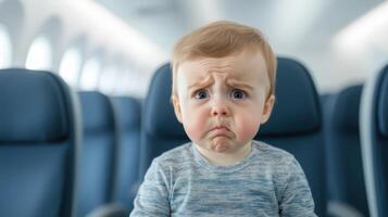 Sad baby with a worried expression sitting on an airplane seat. Close-up portrait with blurred airplane interior in the background. photo