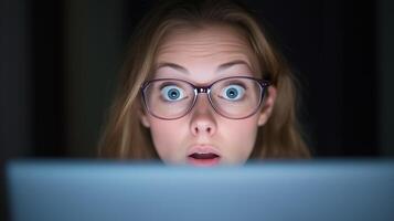 Surprised Woman with Glasses Looking at Computer Screen in Dark Environment, Expressive Close-Up with Emotional Reaction, Perfect for Technology, Lifestyle, and Cybersecurity Themes photo