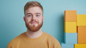 Entrepreneur With Down Syndrome Smiling Against Colorful Background, Wearing Casual Attire, Displaying Confidence and Positivity, Ideal for Inclusive Advertising and Modern Business Concepts photo