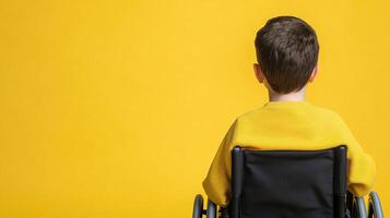 Child in Wheelchair Facing Yellow Background, Symbolizing Inclusion, Diversity, and Accessibility, Back View Portrait, Bright and Colorful, Highlighting Pediatric Mobility Challenges photo