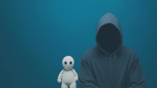 Anonymous Man in Hoodie and Toy Depicting Extortion Concept on Blue Background with Surreal Elements for Crime Awareness and Social Media Campaigns photo