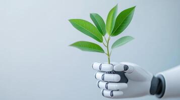 Robotic hand holding a green plant stem with leaves on a light background Futuristic concept of technology and sustainability Studio photography with copy space for design and print photo