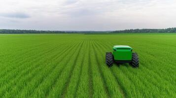Autonomous Tractor with Artificial Intelligence in Green Field Under Cloudy Sky for Agricultural Innovation and Sustainable Farming Technology Concepts photo