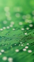 Extreme Close Up of Green Printed Circuit Board with Bokeh Effect Highlighting Technology Patterns and Electronic Components for Futuristic Tech Design Background photo