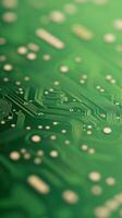 Extreme Close Up of Green Printed Circuit Board with Intricate Electronic Patterns and Components Highlighting Modern Technology and Innovation in Digital Electronics and Circuitry Design photo