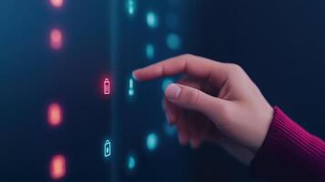 Hand Controlling Smart Home Device on Touchscreen with Futuristic Technology Interface in Dark Room photo