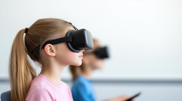Innovative Classroom Setting Students Engaged with Tablets and VR Headsets in a Modern Educational Environment Focused on Technology and Interaction photo