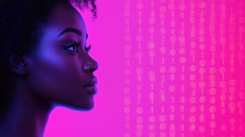 Futuristic Holographic Portrait of Woman with Vibrant Digital Matrix Background in Neon Colors for Tech and Design Concepts photo