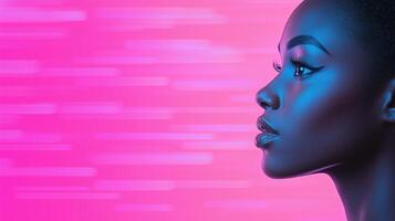 Hologram of a Black Woman's Face in Vibrant Digital Neon Colors, Featuring Futuristic Beauty and Technology with Abstract Background and Minimalist Design for Modern Art and Inspirational Concept photo