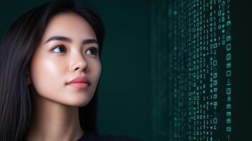 Portrait of Asian Female Digital Entrepreneur Focused on Innovative Technology Solutions with Futuristic Code Screen Background in Modern Tech Environment photo