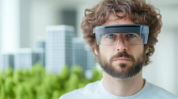 Investor Analyzing Futuristic City Model with Augmented Reality Glasses in Modern Setting with Focus on Smart Technology and Innovation photo
