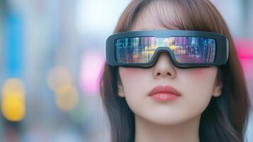 Stylish Woman Wearing Futuristic Smart Glasses Displaying Augmented Reality Overlays in Urban Setting, Technology Innovation, Fashion Futurism with Reflective Digital Display in Modern City photo