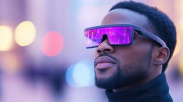 Futuristic Man Wearing Smart Glasses with Augmented Reality Display in Urban Environment at Night Showcasing Modern Technology and Innovation photo