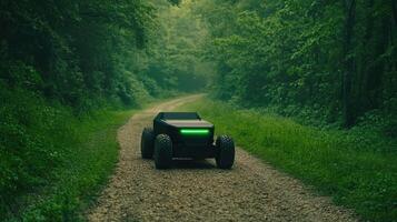 Futuristic Sound-Driven Orchard Buggy on Forest Path with Green Screen Rims for Agriculture or Ecotourism, Featuring Autonomous Technology and Sustainable Design, Highlighting Scenic Nature photo