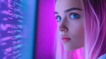 Young Woman Engaged with Futuristic Virtual Computer Display in Neon Lighting, Capturing the Essence of Modern Technology and Digital Interaction for Innovative Creative Projects photo