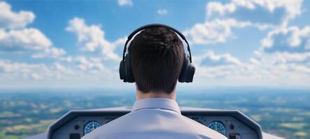 Immersive Flight Simulation Setup in Airplane Cockpit With Virtual Reality Technology for Pilot Training photo