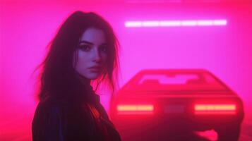 Young woman standing near a retro car in neon pink light Cyberpunk aesthetic with vibrant colors and moody atmosphere for design and print photo