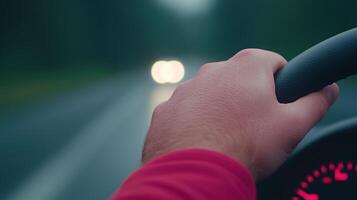 Close-Up View of a Hand Holding Steering Wheel While Driving Fast on a Road with Blurry Background and Bright Headlights in Focus photo
