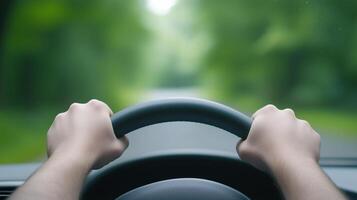 Close-Up of Hands Gripping Car Steering Wheel in Motion with Nature Blurred in Background Highlighting Speed and Movement photo