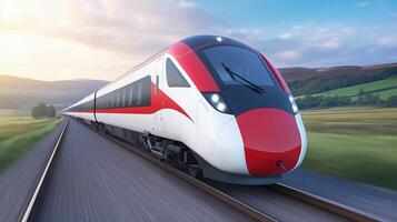 High-speed train traveling through a scenic countryside at sunset Modern transportation concept with sleek design and dynamic motion for design and print photo