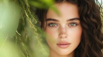 Enchanting Portrait of Woman with Green Eyes and Beauty Mark in Nature Setting for Fashion and Lifestyle Visuals photo