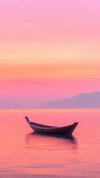 Long Tail Boat on Serene Pink Sunset Water with Distant Mountains in Vertical Shot Perfect for Tranquil Travel and Nature Themes as Tourists Enjoy Peaceful Moments in Stunning Outdoor Setting photo