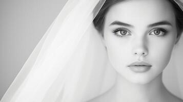 Bride with delicate veil in black and white close-up portrait Minimalistic and elegant photography for wedding celebration and design photo