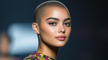 Confident Woman with Alopecia in Bold Print Dress Looking Self-Assured with Smooth Shaved Head and Bold Expression in Studio Setting photo