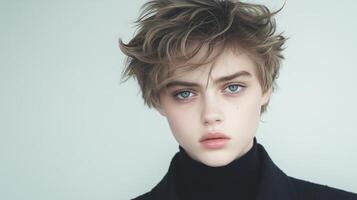 Androgynous Model Showcasing High Fashion Style with Unique Aesthetic in Contemporary Portrait Photography photo