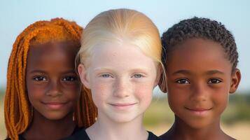 Portrait of three young girls standing together, showcasing diversity, including one with albinism, against a natural outdoor background. Unity and representation concept. photo