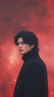 Mysterious Asian Man in Dark Coat Gazing at Camera Against a Vibrant Red Cosmic Starry Background photo