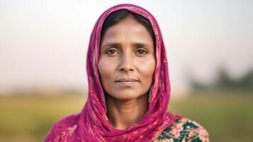 Portrait of a woman wearing a pink scarf with intricate patterns, standing outdoors in natural light. Cultural identity and strength concept. photo