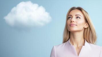 Businesswoman Organizing Files in Virtual Cloud Storage System Reflecting Modern Data Management and Technology Integration photo