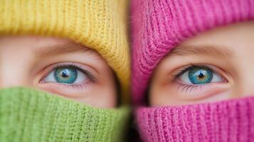 Close-Up Portrait of Two Persons in Colorful Winter Knitwear Highlighting Blue Eyes Soft Focus Conceptual Bipolar Condition Themes photo