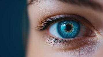 Close-Up Macro of Blue Female Human Eye with Detailed Pupil, Cornea, and Iris, Showcasing Intricate Patterns and Vivid Blue Color in High Resolution photo