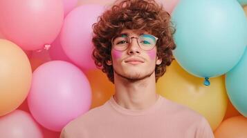 Portrait of Young Man with Curly Hair and Face Paint in Vibrant Festival Setting with Colorful Balloons photo