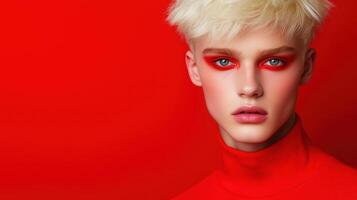 Modern Men's Fashion Editorial with Bold Red Makeup and Blonde Hair on Solid Red Background Highlighting Contemporary Style and Aesthetic Trends photo