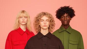 Stylish Androgynous Fashion Editorial Featuring Diverse Models in Red, Green, and Brown Outfits Against Pastel Peach Background photo